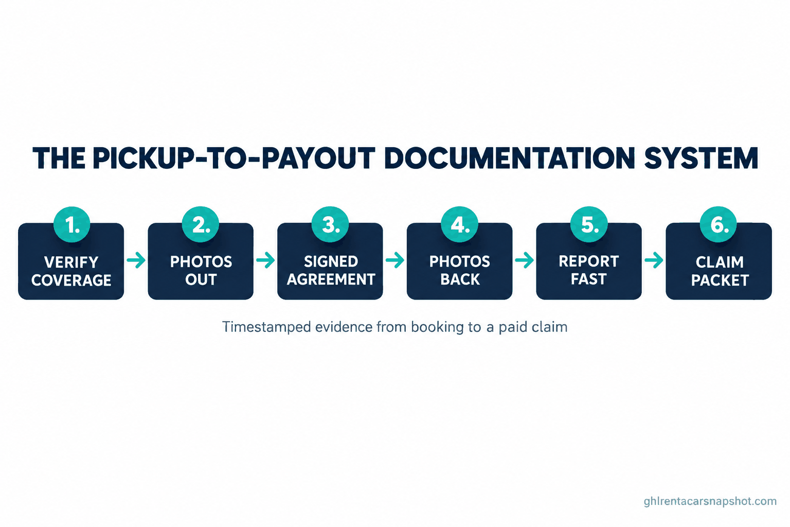 Process flow diagram titled The Pickup-to-Payout Documentation System showing six numbered stages for a car rental damage claim: 1 verify coverage, 2 photos out, 3 signed agreement, 4 photos back, 5 report fast, 6 claim packet, with the caption timestamped evidence from booking to a paid claim