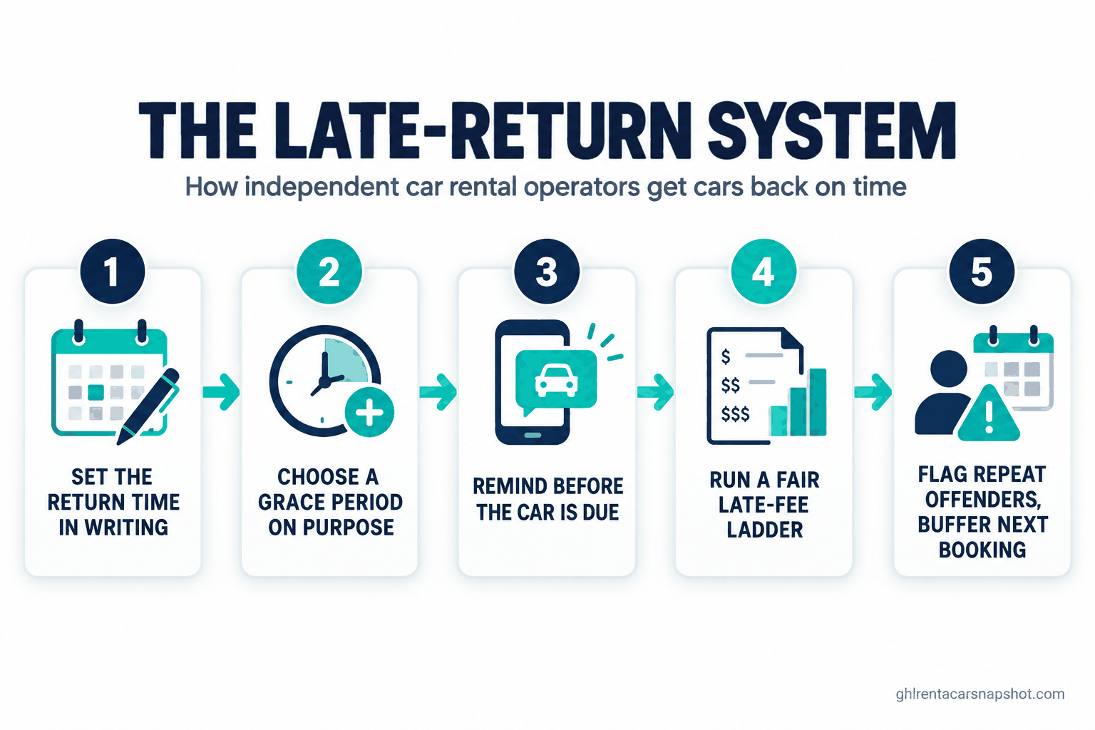 Numbered flow diagram titled The Late-Return System, showing five stages: 1 Set the return time in writing at booking, 2 Choose a grace period on purpose, 3 Send the reminder before the car is due, 4 Run a fair late-fee ladder, 5 Flag repeat offenders and buffer the next booking