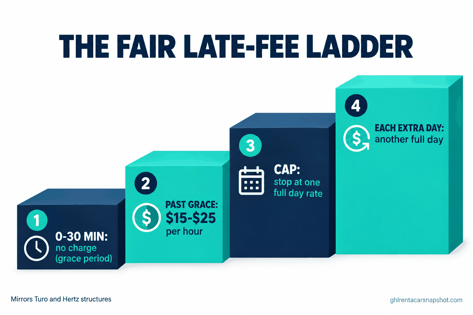 Infographic of an ascending four-step staircase titled The Fair Late-Fee Ladder: step 1 zero to 30 minutes no charge grace period, step 2 past grace $15 to $25 per hour, step 3 cap at one full day rate, step 4 each extra day is another full day, footnote mirrors Turo and Hertz structures