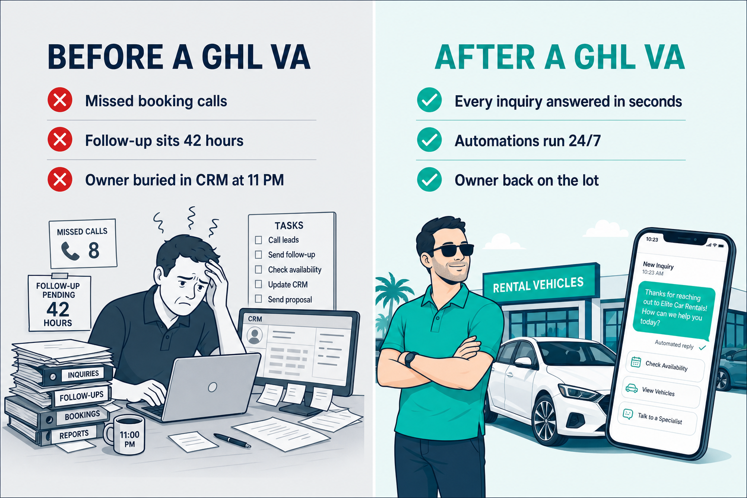 Before-and-after comparison of a Houston car rental operator: before a GHL VA, missed booking calls, follow-up sitting 42 hours, and the owner buried in the CRM at 11 PM; after a GHL VA, every inquiry answered in seconds, automations running 24/7, and the owner back on the lot