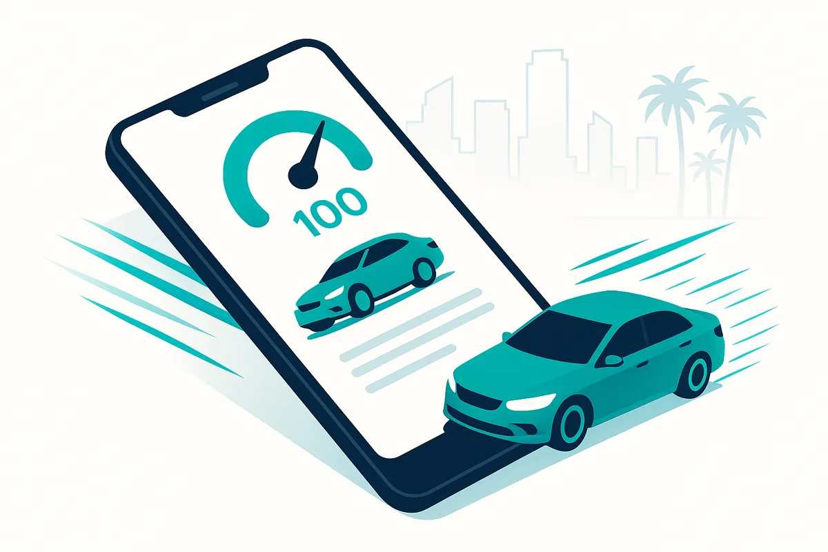 Fast car rental booking website loading instantly on a smartphone with a Miami skyline, in deep navy and teal brand colors