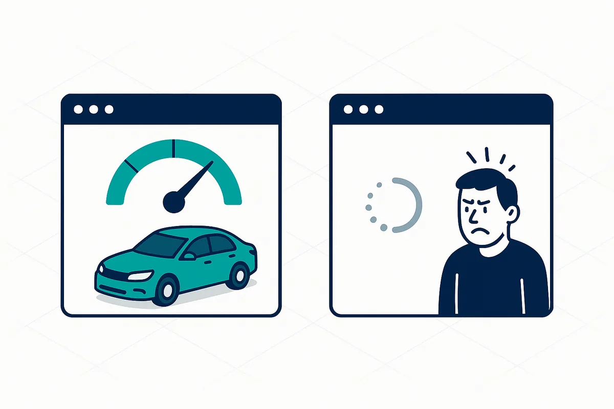 Side-by-side comparison of a fast car rental website loading instantly versus a slow site stuck on a spinner, in navy and teal