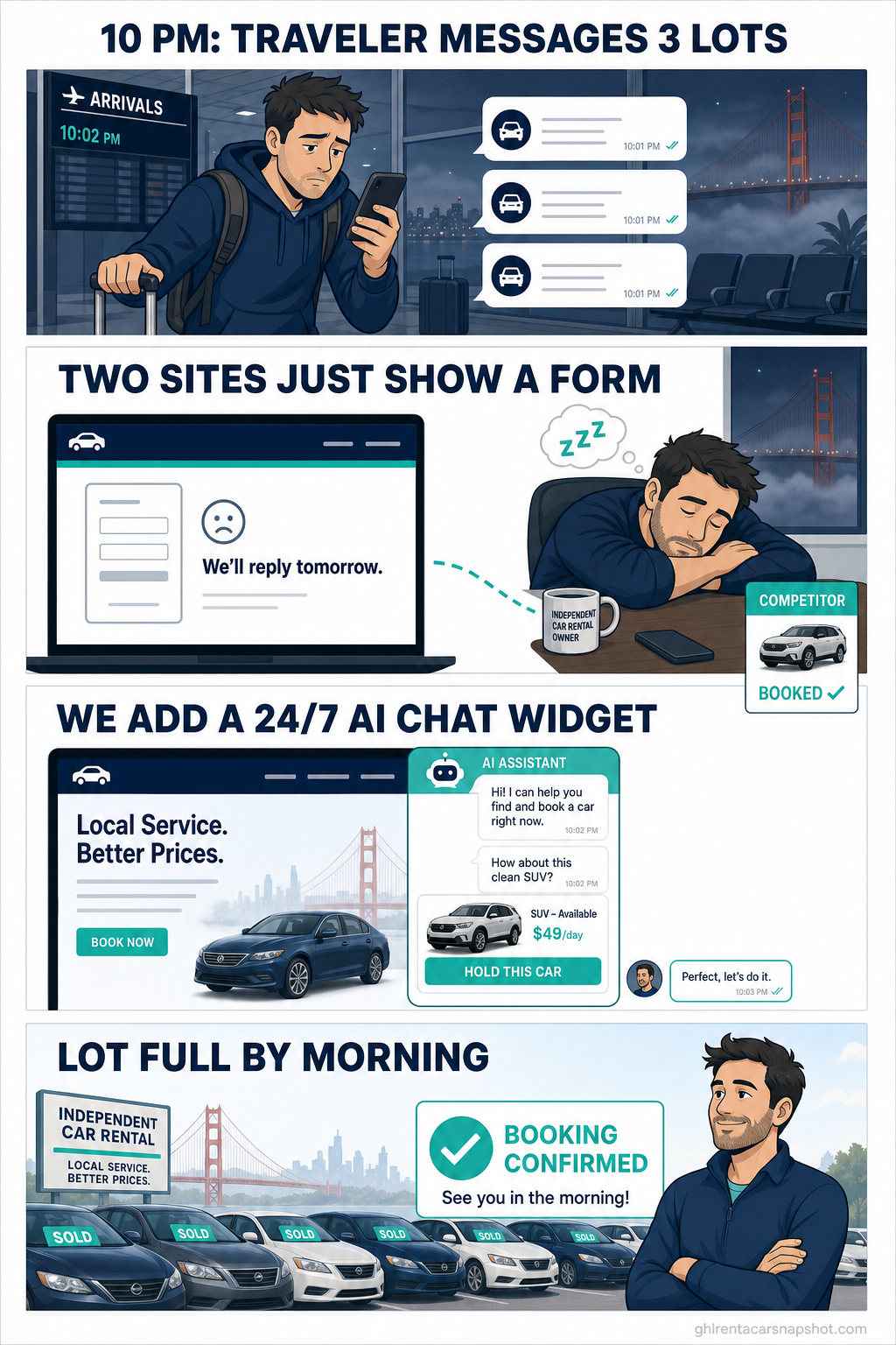Four-panel comic showing a San Francisco car rental owner losing a late-night website inquiry to a competitor, then adding a 24/7 AI chat widget that answers instantly and books the car, ending with a full lot
